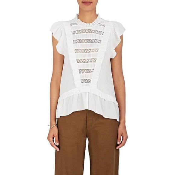 ULLA JOHNSON Top Womens 2 Flutter Sleeve Mock Neck Ivory Silk Peplum Blouse - Picture 1 of 14